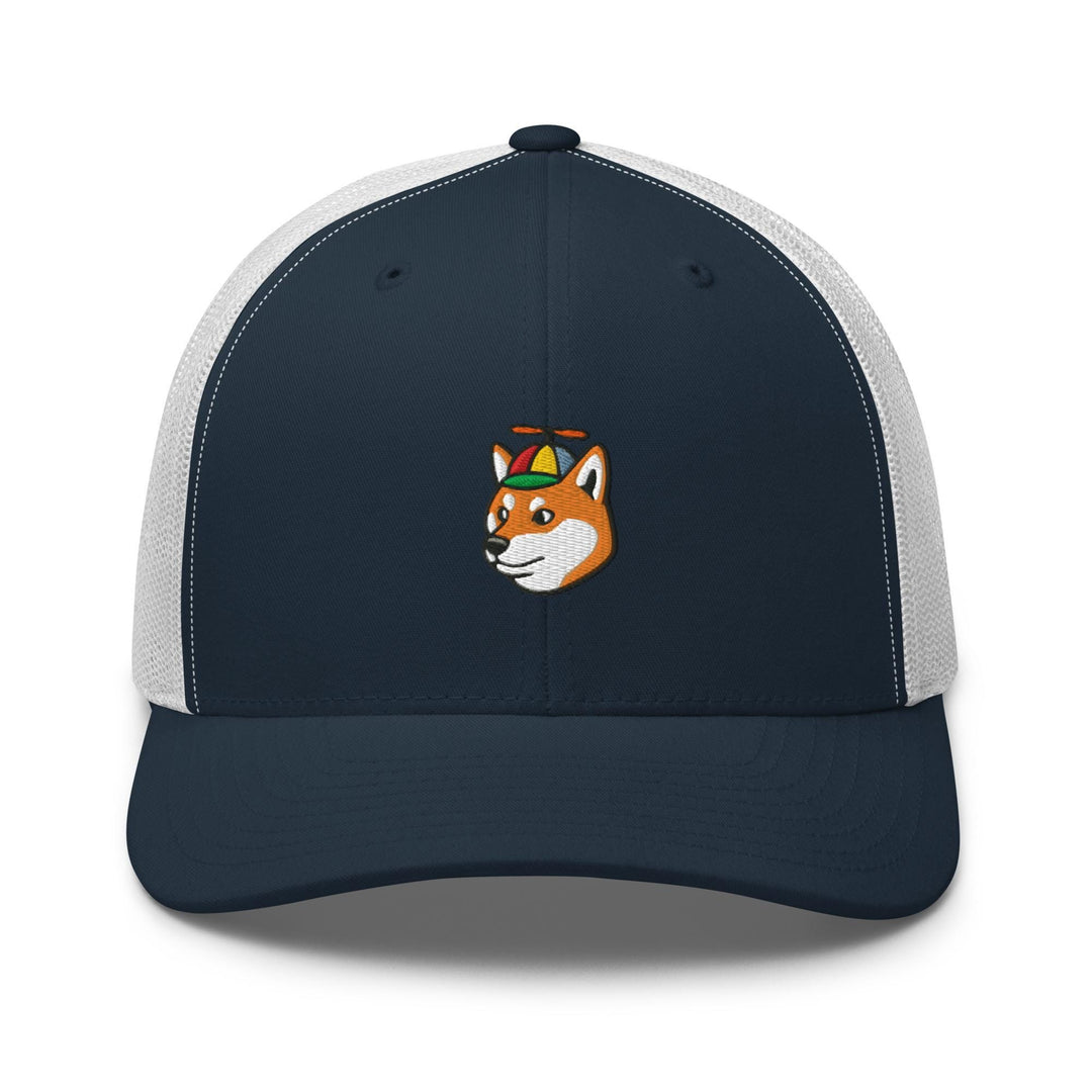 a blue and white trucker hat with a fox embroidered on the front