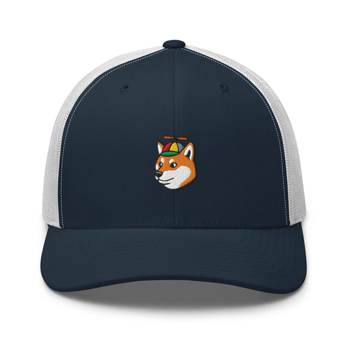 a blue and white trucker hat with a fox embroidered on the front