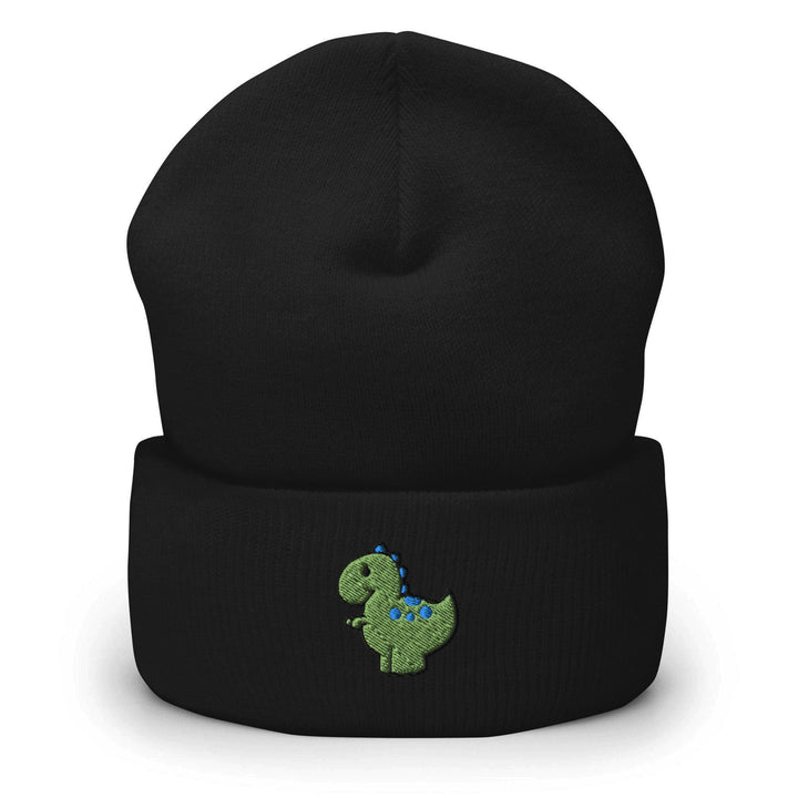 a black beanie with a green dinosaur embroidered on it