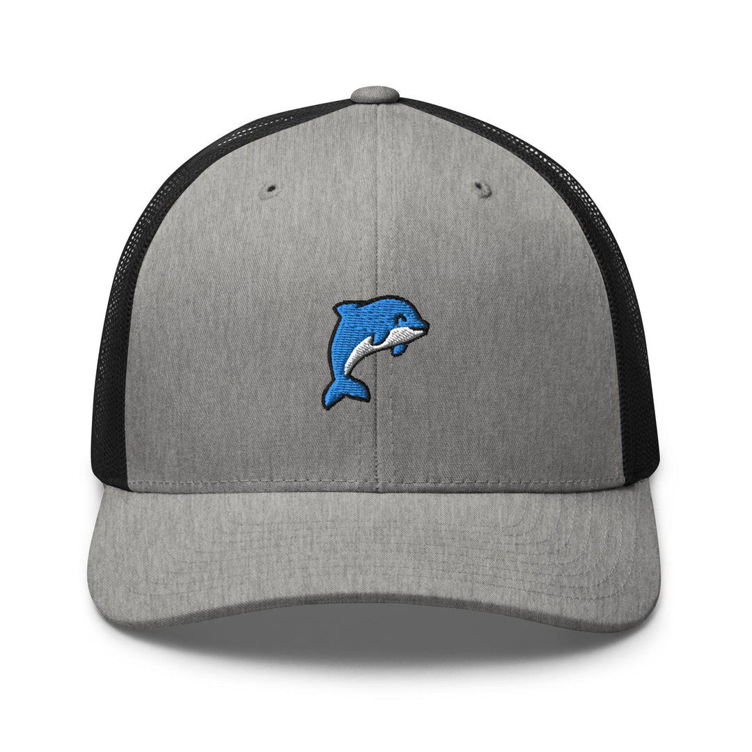 a gray and black hat with a dolphin on it