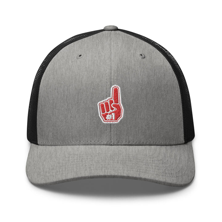 a gray and black trucker hat with a red peace sign on it