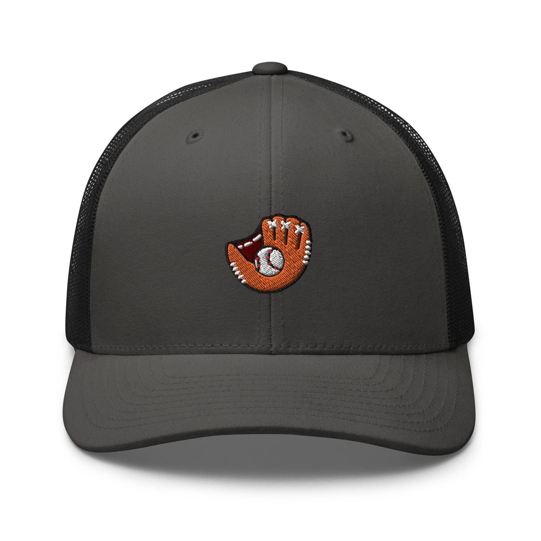 a gray trucker hat with an orange and white baseball glove on it