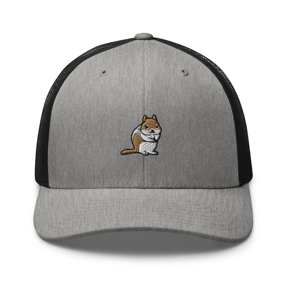 a gray and black trucker hat with a cartoon cat on it
