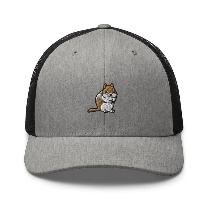 a gray and black trucker hat with a cartoon cat on it