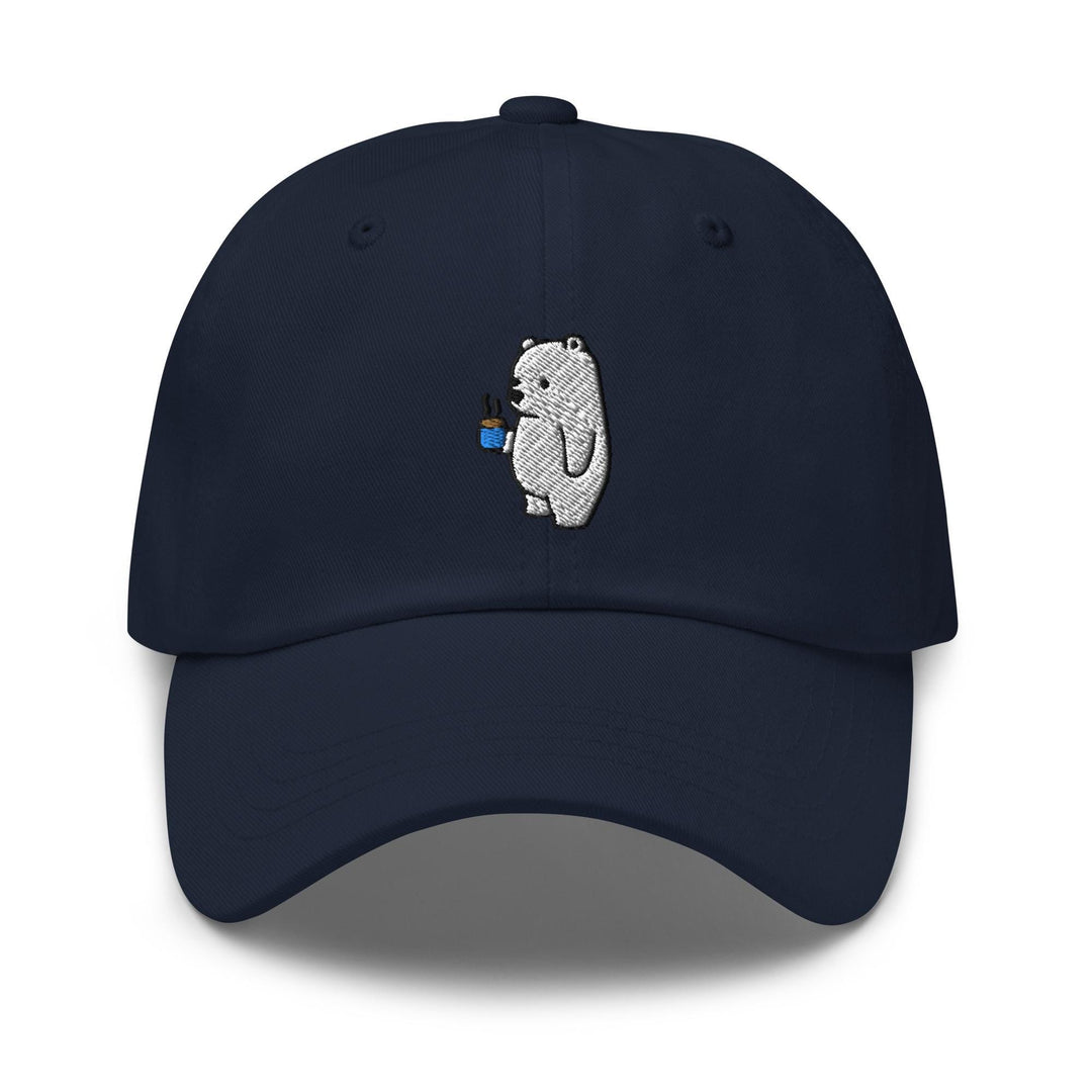 a baseball cap with a koala holding a cup of coffee
