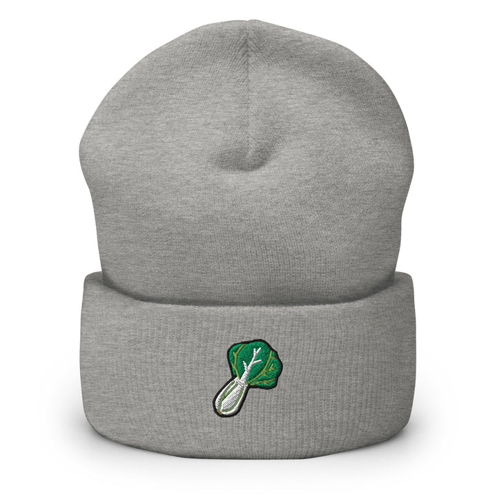 a gray beanie with a green leaf on it