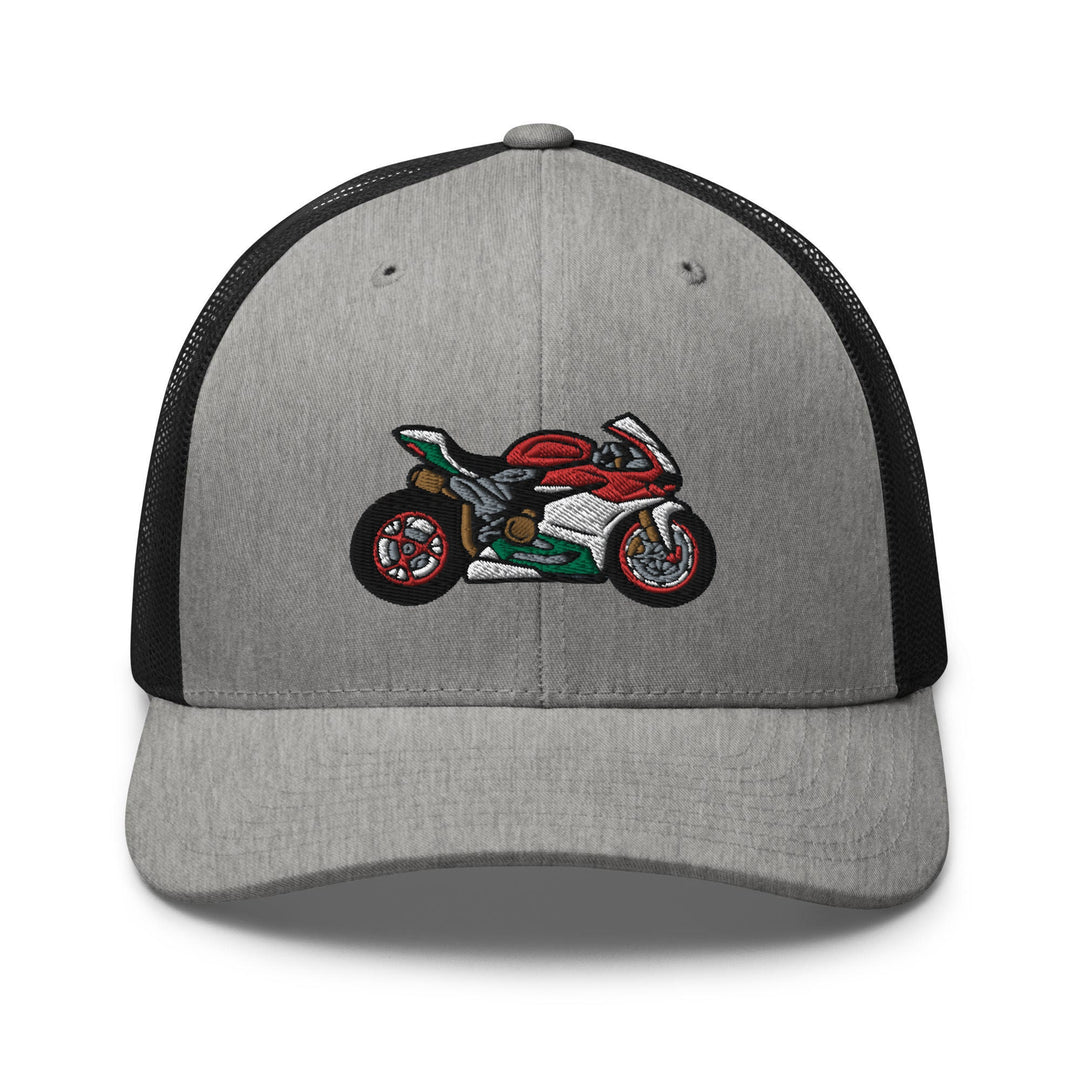 a gray and black hat with a motorcycle on it