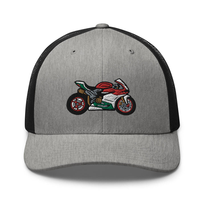 a gray and black hat with a motorcycle on it
