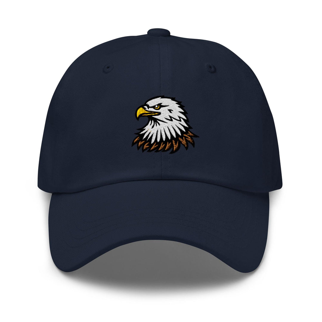 a navy colored hat with an eagle embroidered on the front