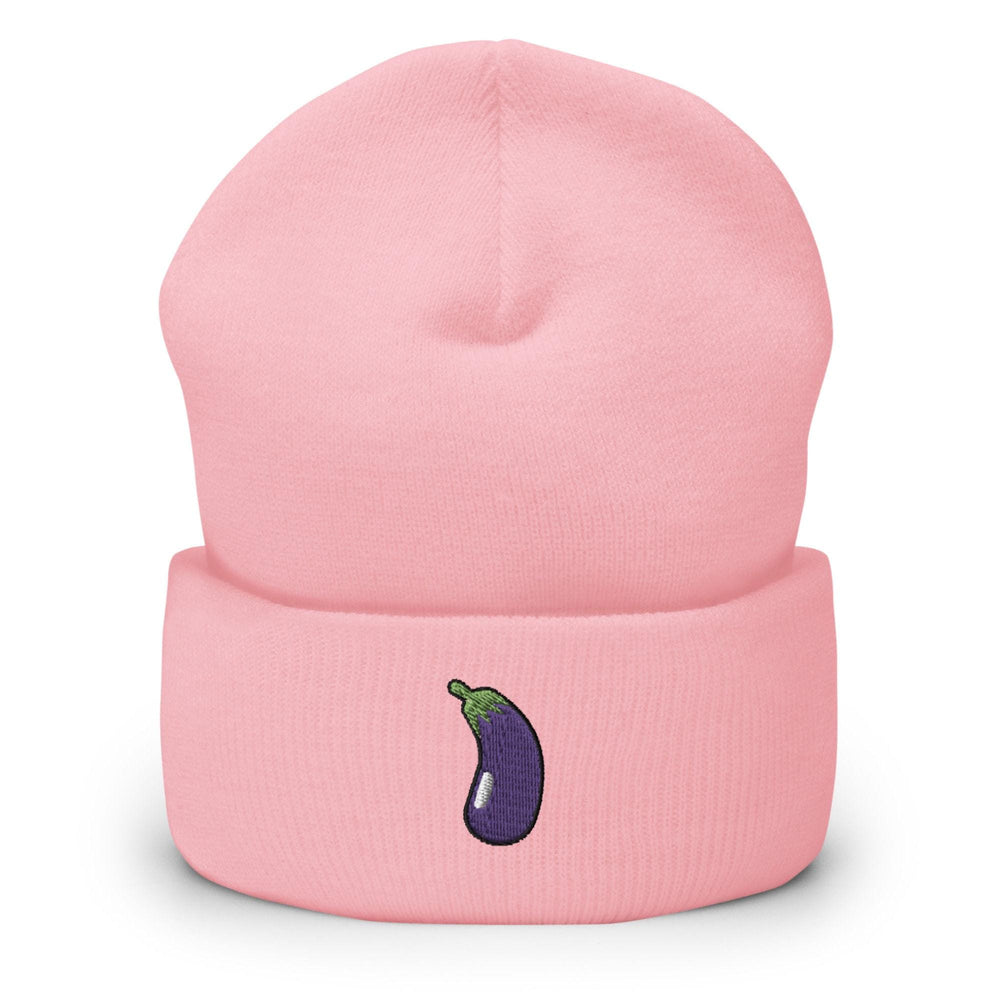 a pink beanie with an eggplant embroidered on it