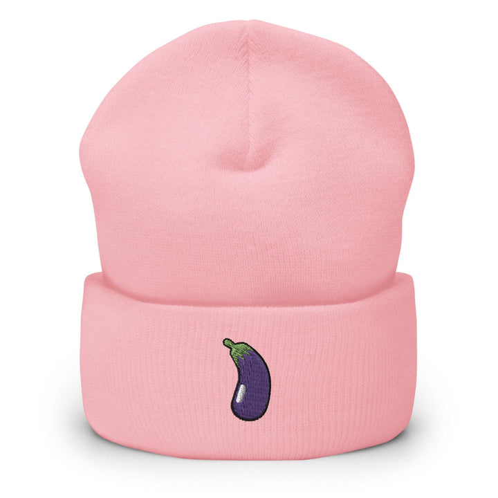a pink beanie with an eggplant embroidered on it