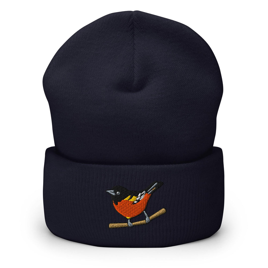a blue hat with a red bird on it