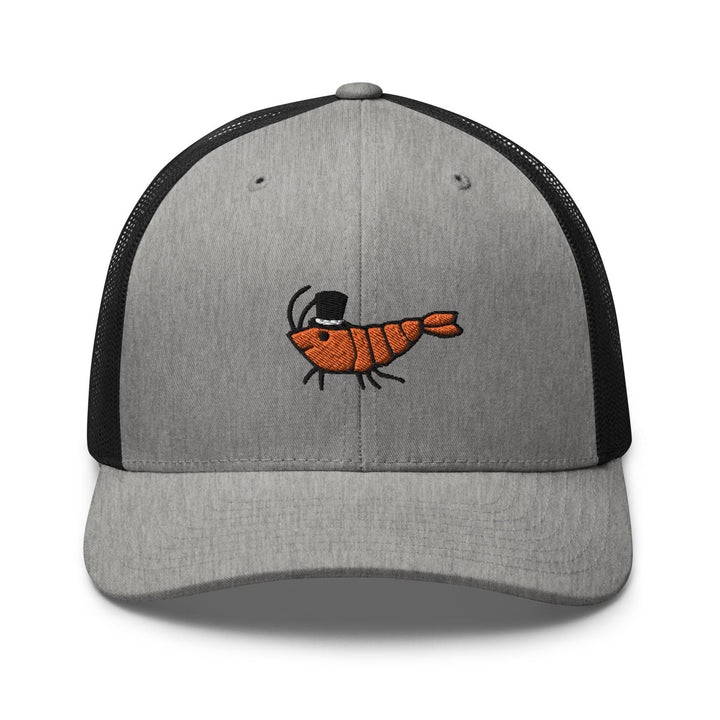 a gray and black hat with a picture of a shrimp on it