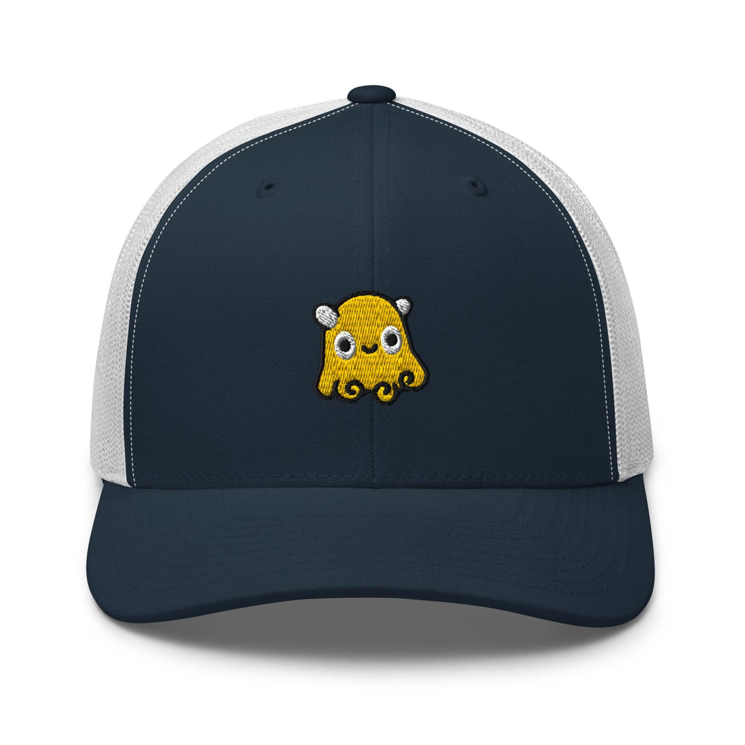 a blue and white trucker hat with an image of a yellow octopus