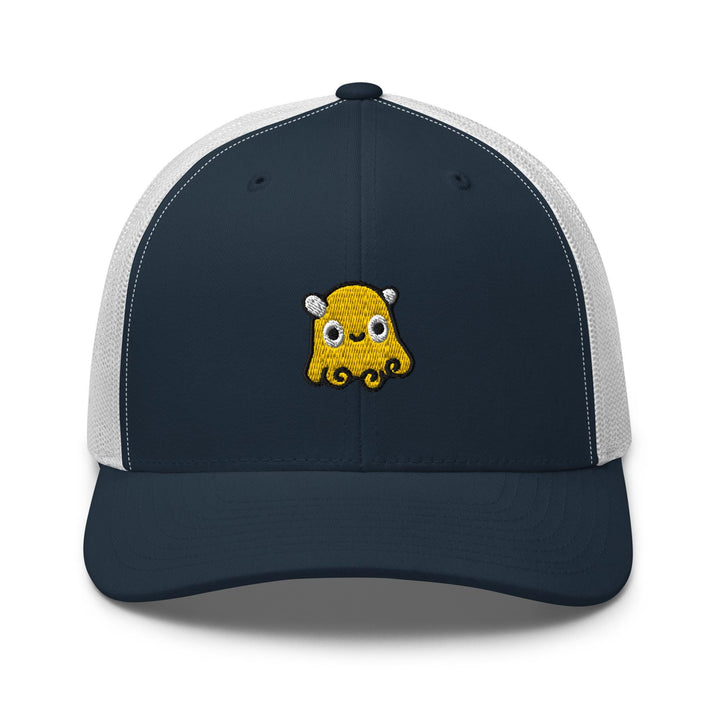 a blue and white trucker hat with an image of a yellow octopus