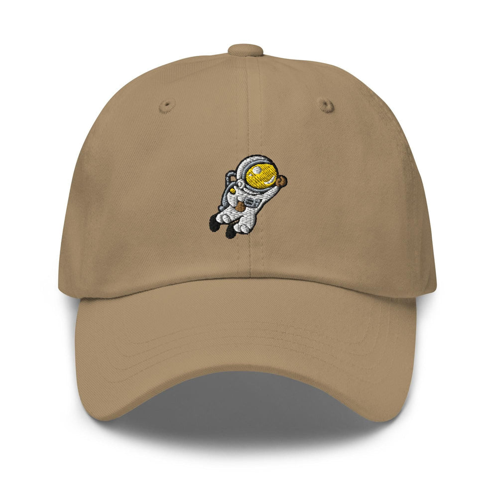 a tan hat with an image of an astronaut on it