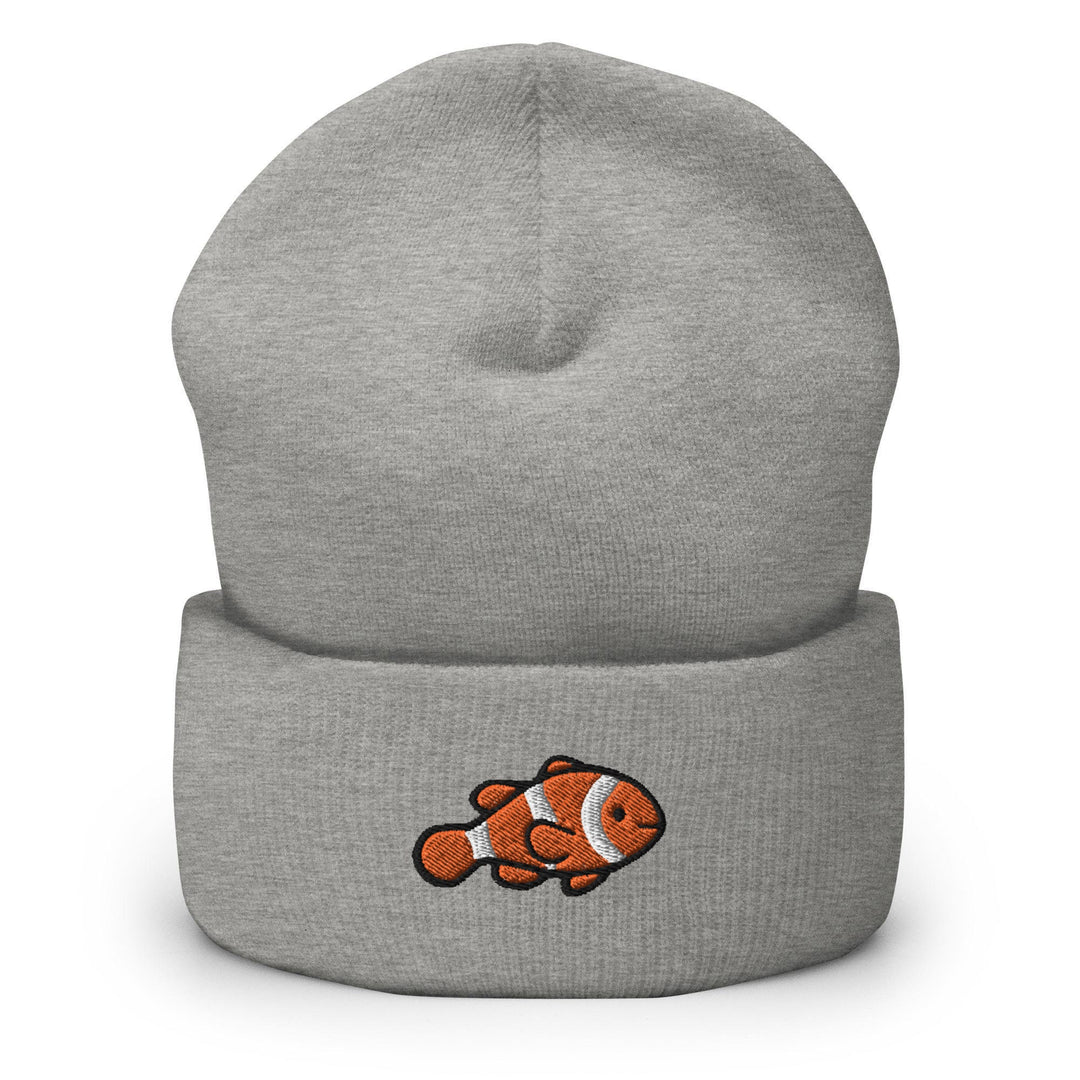 a gray beanie with an orange clown fish on it