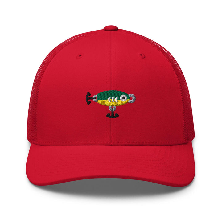 a red hat with a fish embroidered on it