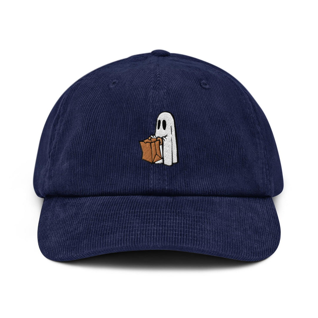 a blue hat with a ghost holding a bag