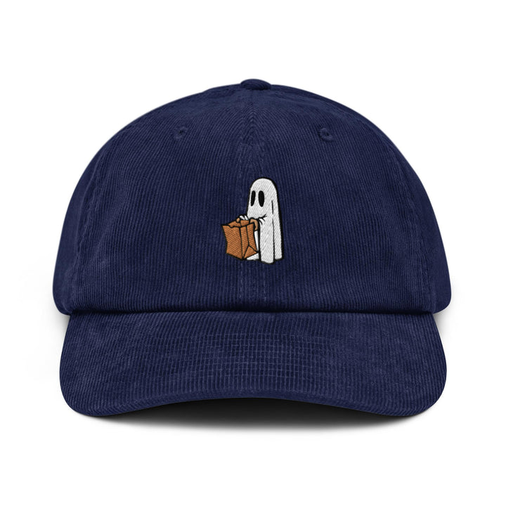 a blue hat with a ghost holding a bag