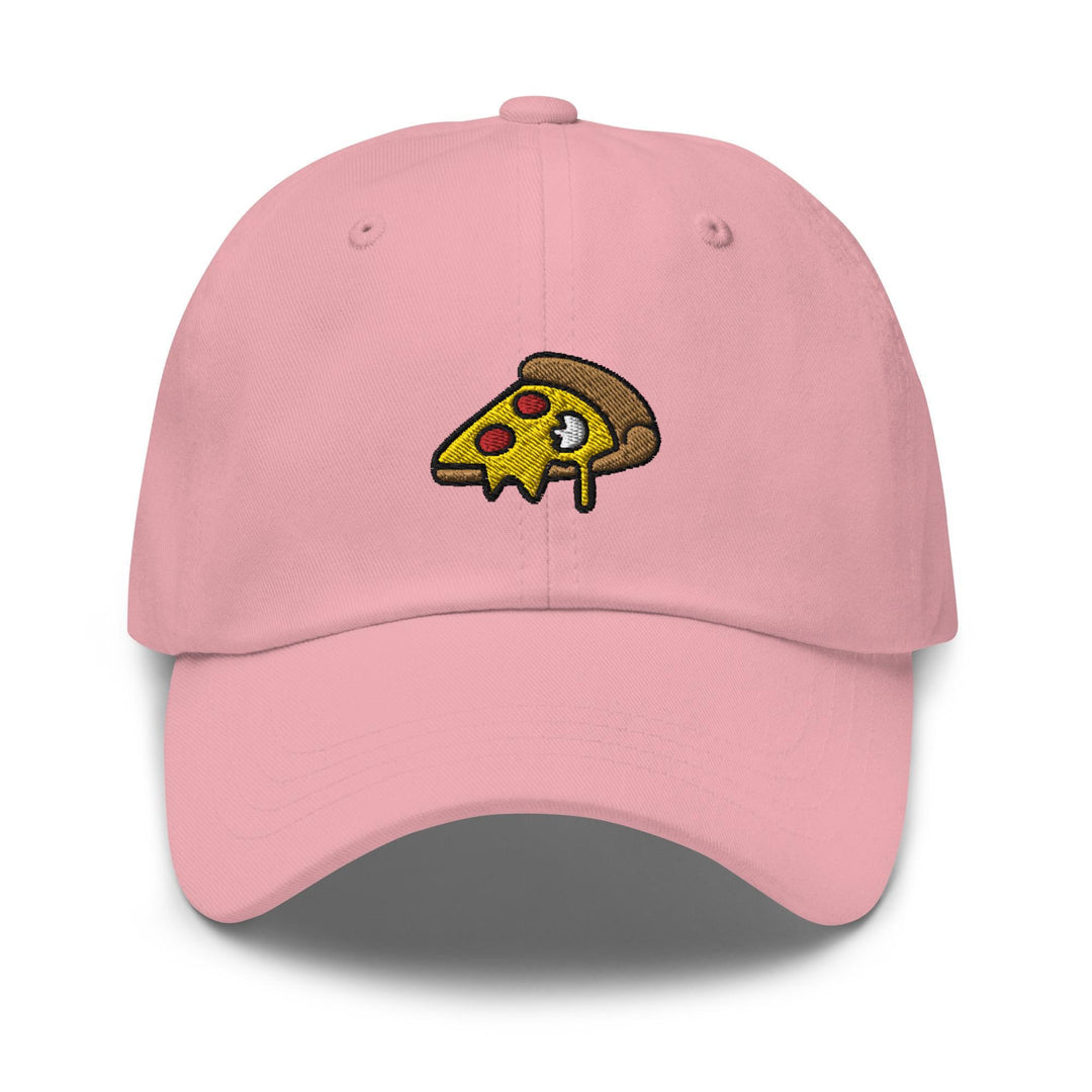 a pink hat with a slice of pizza on it