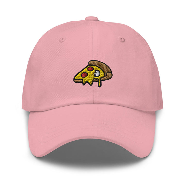 a pink hat with a slice of pizza on it