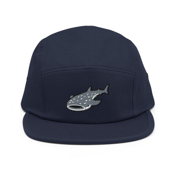 a blue hat with a fish embroidered on it