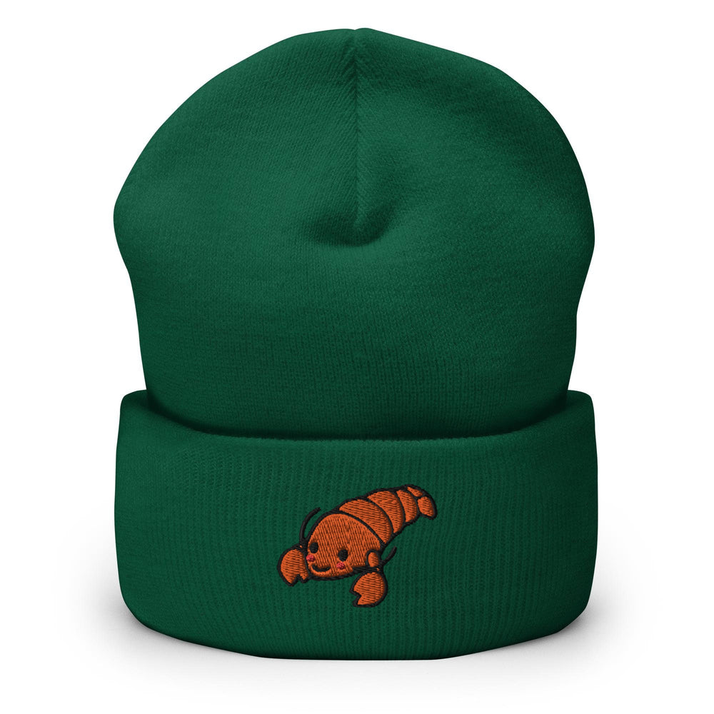 a green beanie with an orange fish on it