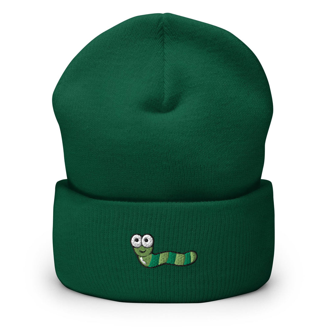 a green beanie with a green caterpillar embroidered on it