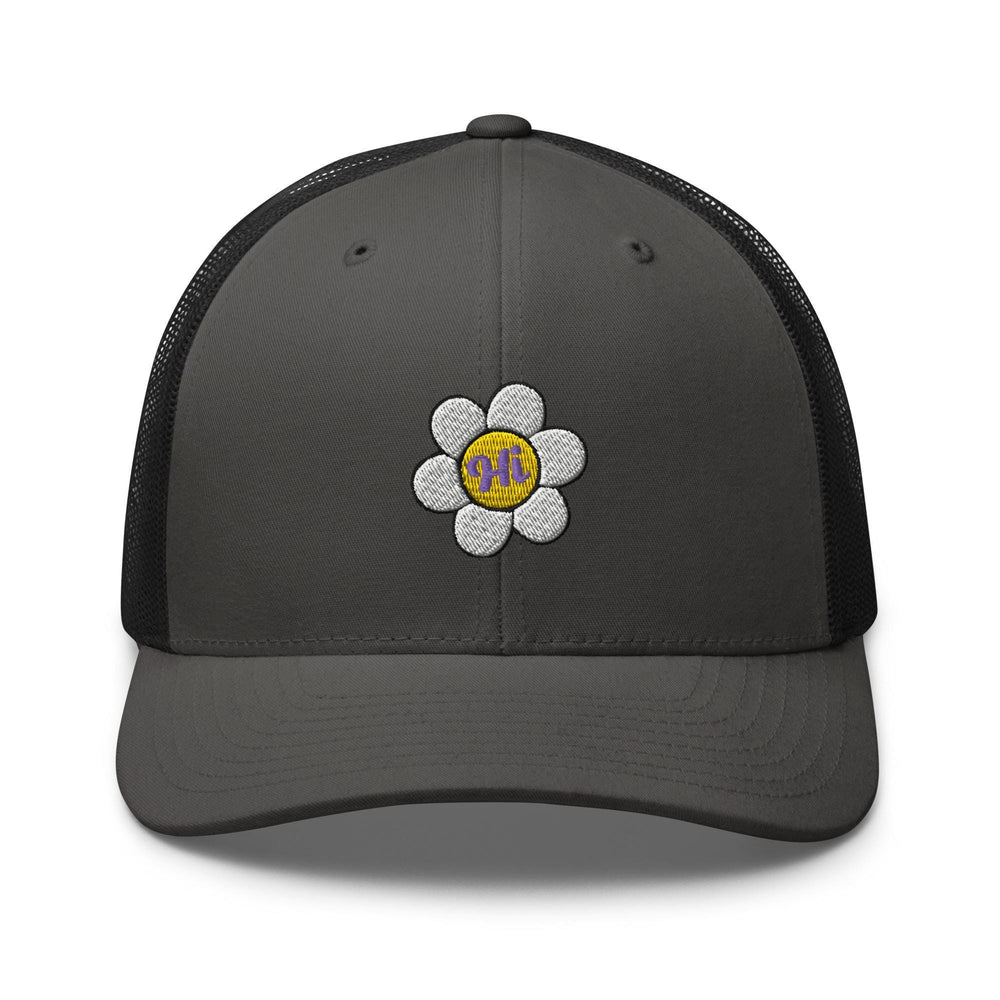 a gray and black trucker hat with a flower on the front