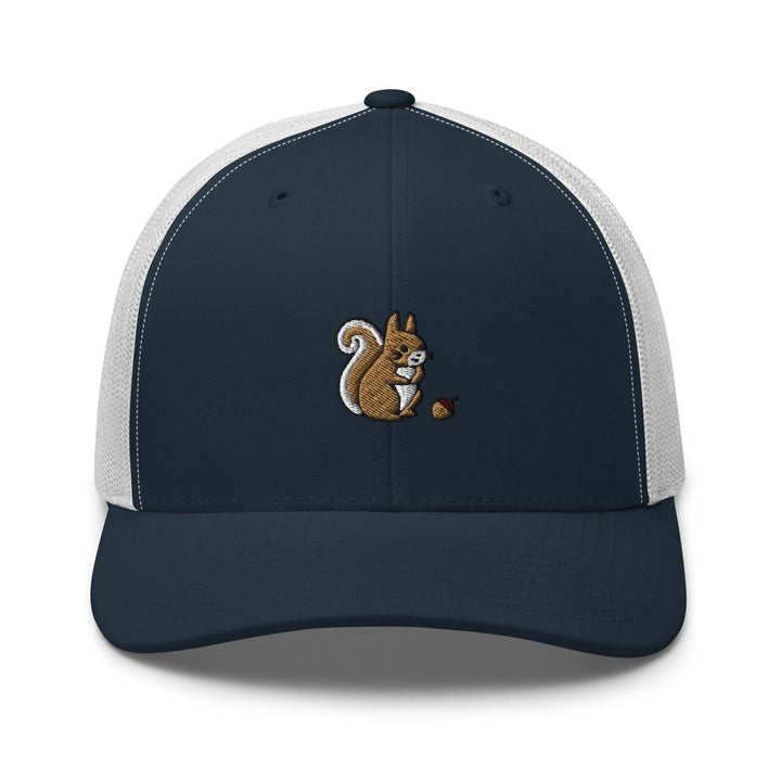 a blue and white hat with a squirrel on it