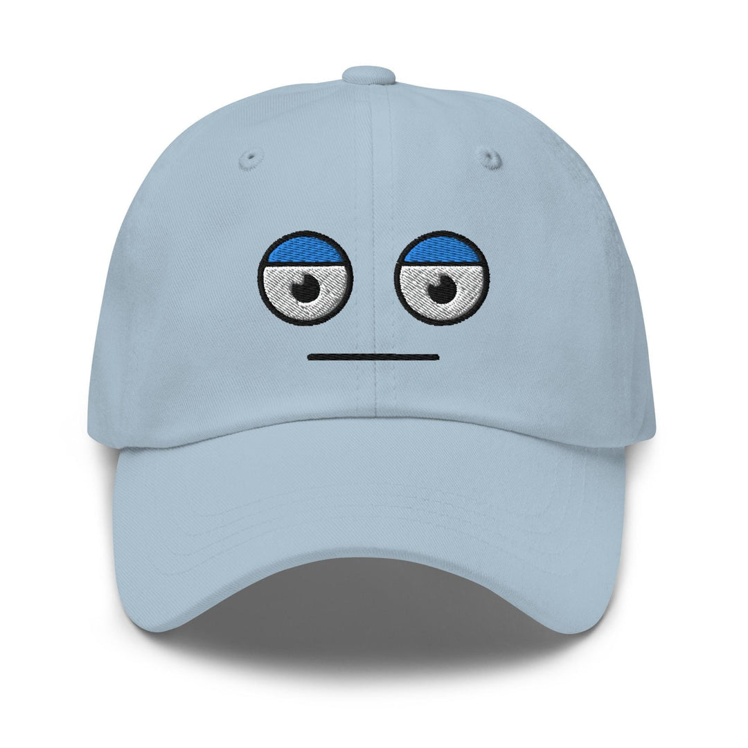 a light blue hat with a face drawn on it