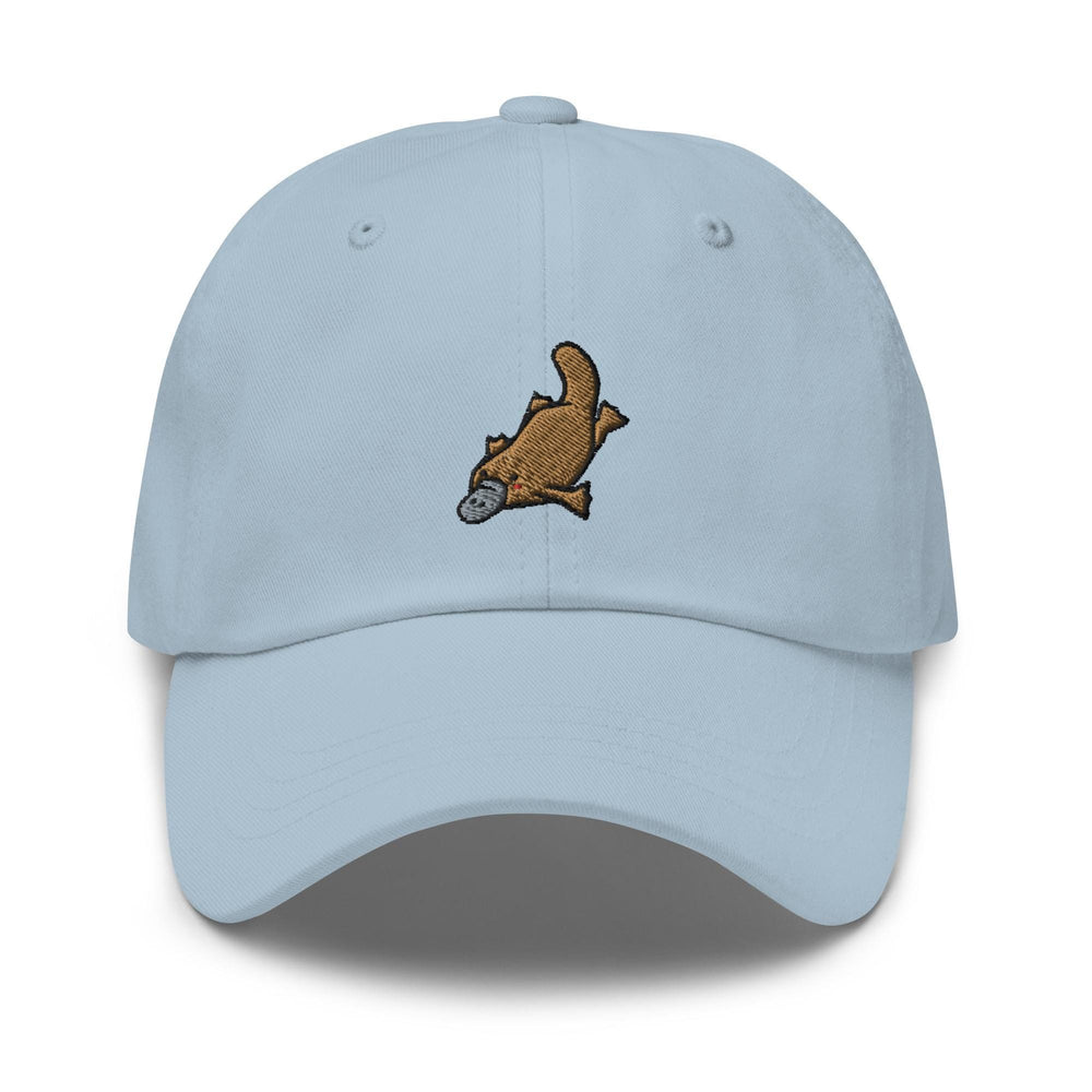a light blue hat with an image of a fish on it