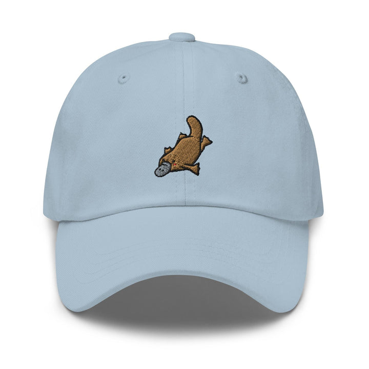 a light blue hat with an image of a fish on it