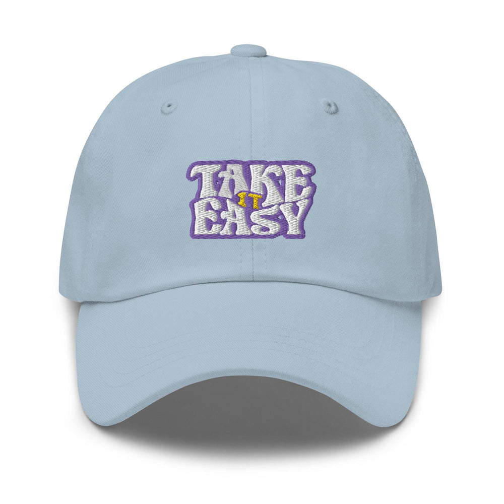 a light blue hat with the words take easy on it