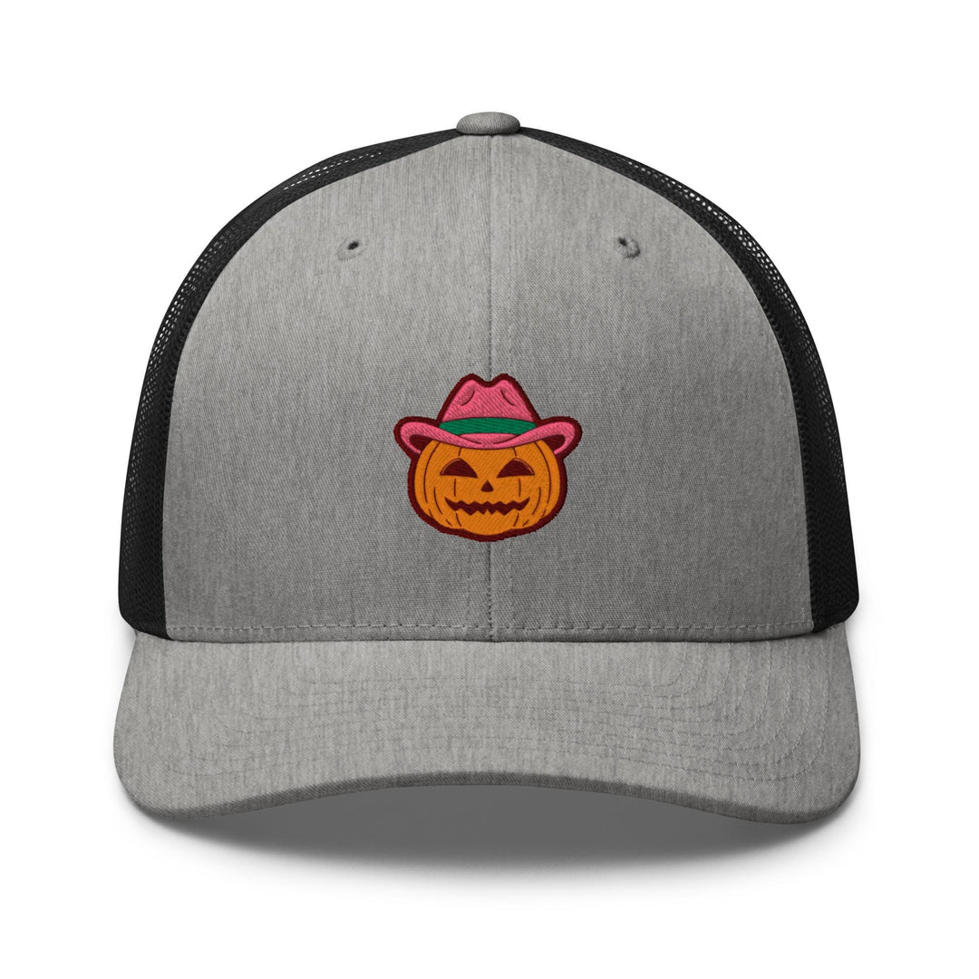 a gray and black trucker hat with a pumpkin wearing a hat