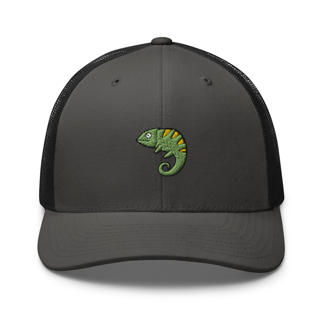 a gray and black hat with a green chamelon embroidered on the front