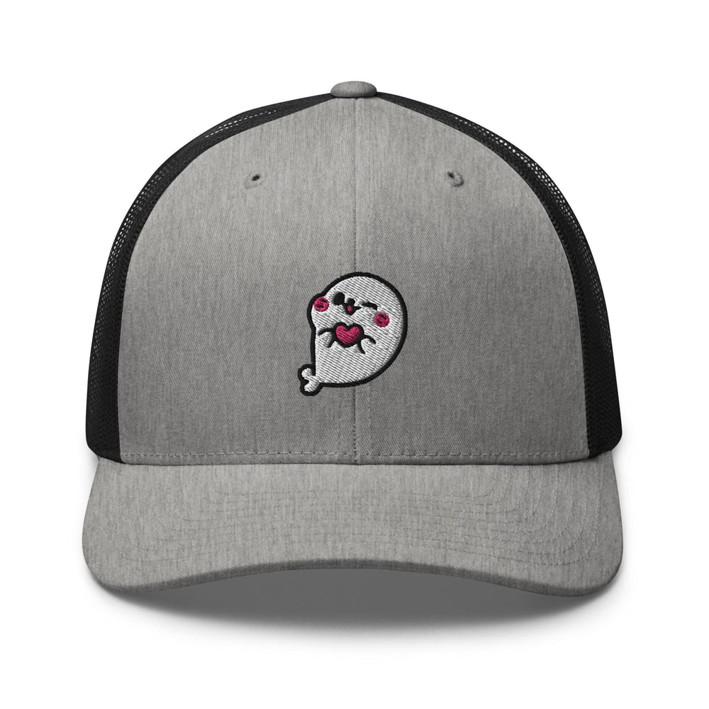 a gray and black hat with a cartoon character on it