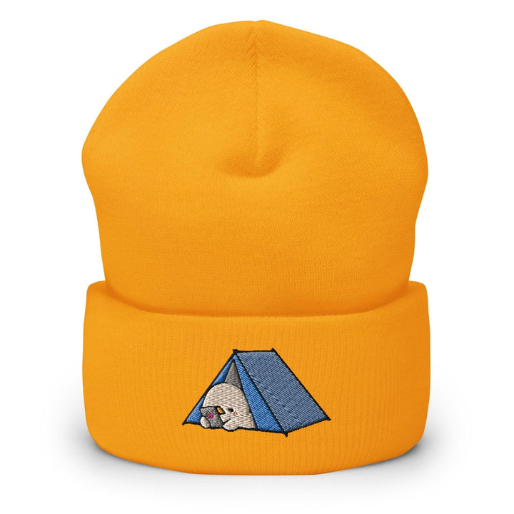 a yellow hat with a blue tent on it