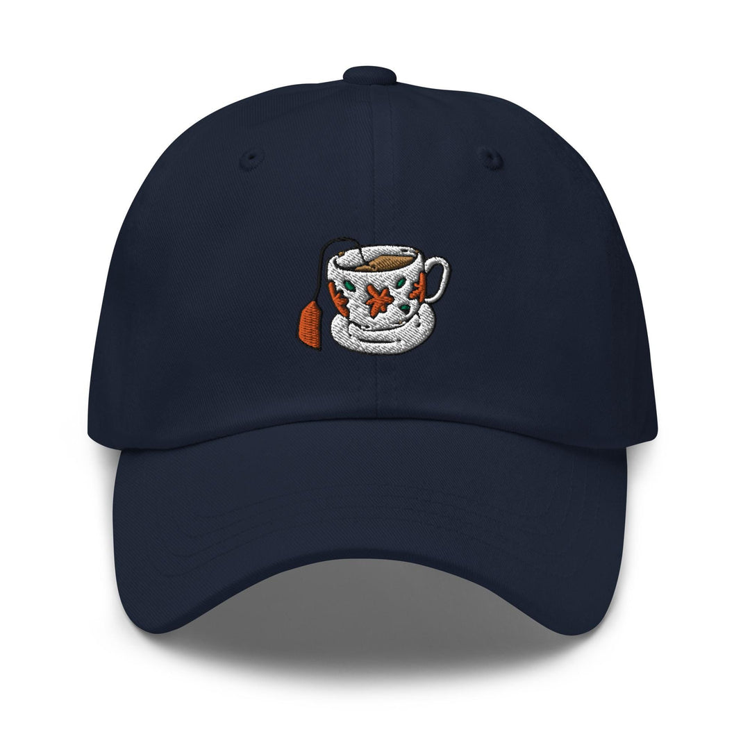 a blue hat with a coffee cup on it