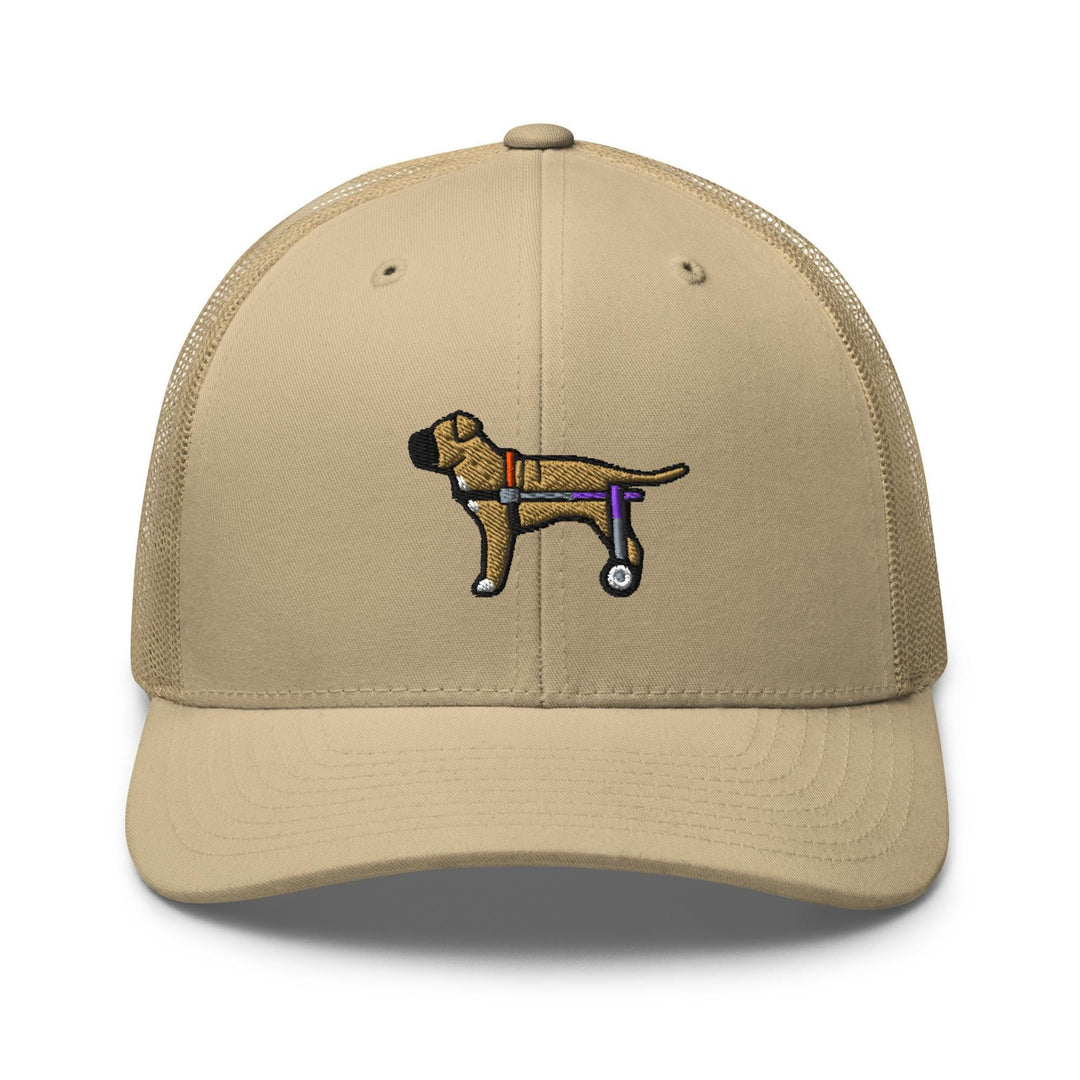 a tan hat with a dog on it