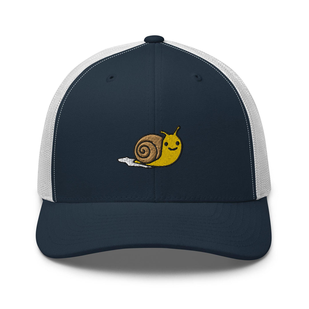 a blue hat with a snail on it