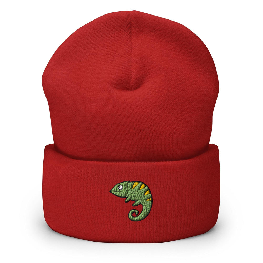 a red beanie with a green chamelon embroidered on it