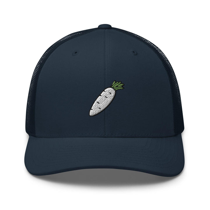 a baseball cap with a picture of a carrot on it