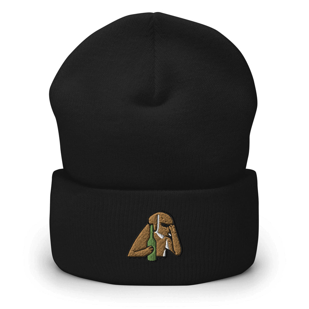a black beanie with a brown dog on it