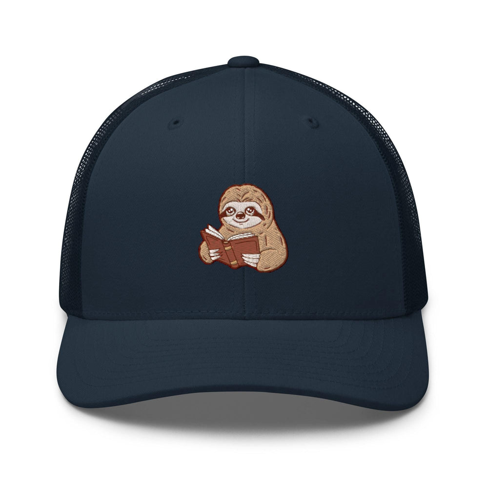 a blue hat with a slotty reading a book
