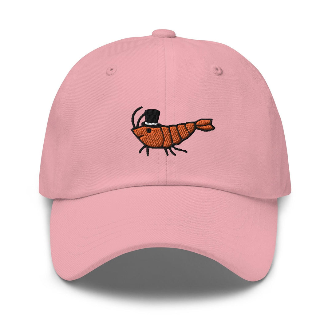 a pink baseball cap with a picture of a bug on it