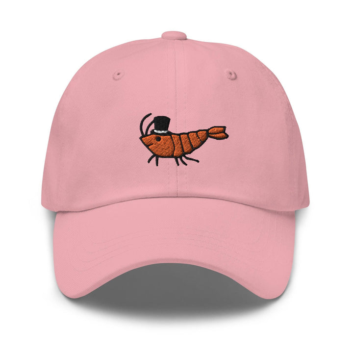 a pink baseball cap with a picture of a bug on it