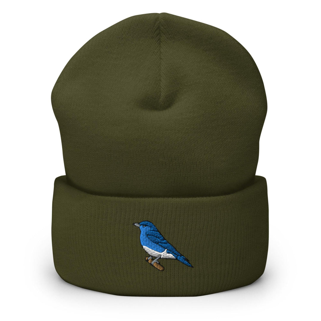 a green beanie with a blue bird on it