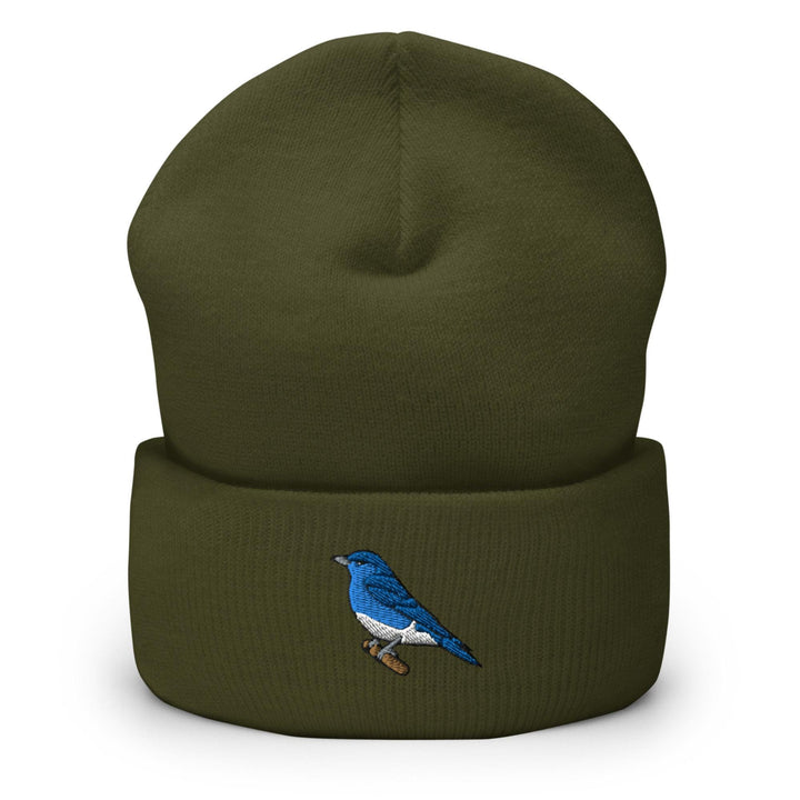 a green beanie with a blue bird on it